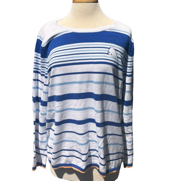 Talbots Striped Cotton Sweater Womans Size 2X Blue White Nautical Whales Beachy - Picture 1 of 9